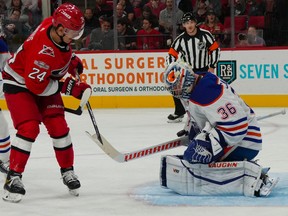 Edmonton Oilers goaltender Jack Campbell stops the shot of Carolina Hurricanes center Seth Jarvis during the first period at PNC Arena on Thursday, Nov. 10, 2022.