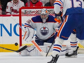 Edmonton Oilers goaltender Jack Campbell is scored upon by the Carolina Hurricanes during the third period at PNC Arena on Nov. 10, 2022.