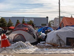 A homeless encampment is seen in central Edmonton on Nov. 20, 2022.
