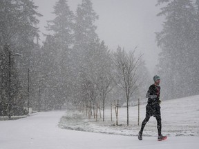 Heavy snow falls as a man jogs on a pathway at Central Park in Burnaby, B.C., on Tuesday, November 29, 2022.