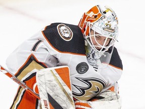 Anaheim Ducks goalie Lukas Dostal makes a save against the Edmonton Oilers  during second period NHL action on Dec. 17, 2022, in Edmonton.