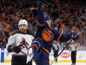 Oilers' Klim Kostin  celebrates a goal against the Arizona Coyotes during third period NHL action at Rogers Place on Wednesday Dec. 7, 2022. The Oilers won 8-2.