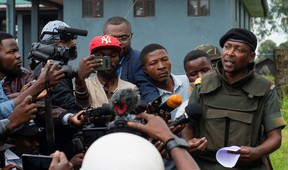 Willy Ngoma, spokesman for the Congolese M23 rebels, addresses the media as they withdraw from the 3 antennes location in Kibumba, near Goma, North Kivu province of the Democratic Republic of Congo, December 23, 2022.