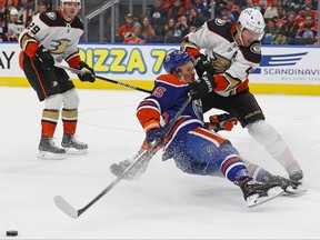 Ducks’ Cam Fowler (right) knocks Oilers forward Dylan Holloway off the puck at Rogers Place on Saturday.