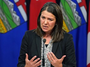 Premier Danielle Smith speaks at a press conference in Edmonton on Oct. 11, 2022.