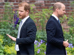 In this photo taken on July 1, 2021, Prince Harry, Duke of Sussex (L) and Prince William, Duke of Cambridge attend the unveiling of a statue of their mother, Princess Diana at The Sunken Garden in Kensington Palace, London which would have been her 60th birthday.