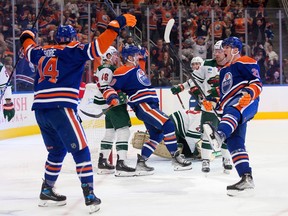 The Edmonton Oilers celebrate a goal agains the Minnesota Wild during first period NHL action, in Edmonton Friday Dec. 9, 2022. Photo By David Bloom