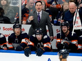 Edmonton Oilers head coach Jay Woodcroft during third period NHL action against the St. Louis Blues at Rogers Place in Edmonton on Dec. 15, 2022.