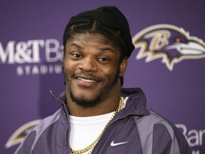 Baltimore Ravens quarterback Lamar Jackson speaks at a news conference after an NFL football game against the Carolina Panthers, Sunday, Nov. 20, 2022, in Baltimore.