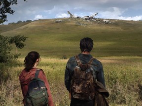 Bella Ramsey, left, and Pedro Pascal in a scene from HBO's The Last of Us. This scene was shot near Millarville, Alberta.
