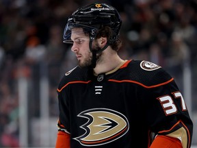 ANAHEIM, CALIFORNIA - DECEMBER 30: Mason McTavish #37 of the Anaheim Ducks looks on during the third period of a game against the Nashville Predators at Honda Center on December 30, 2022 in Anaheim, California.