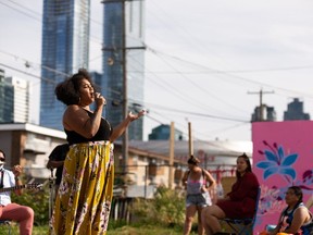 D'orjay the Singing Shaman performs during a Healing Garden Pop Up held at 105 Street and 107 Avenue in Edmonton, on Sunday, Aug. 23, 2020. The event was hosted by Central MacDougall Community League and Habesha Market. Photo by Ian Kucerak/Postmedia