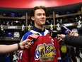 New Edmonton Oil Kings captain Rhett Melnyk speaks to the the media in the Oil Kings dressing room at Rogers Place on Jan. 26, 2023.