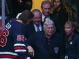 Winnipeg Jets captain Blake Wheeler (left) welcomes Bobby Hull (right) and team Hall of Fame members-to-be Randy Carlyle (second left) and Thomas Steen (top right) prior to facing New York Rangers in Winnipeg on Tues., Feb. 11, 2020. Kevin King/Winnipeg Sun/Postmedia Network