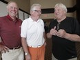 Former Winnipeg Jets players Anders Hedberg (l-r), Ulf Nilsson and Bobby Hull share a moment before a press conference at the Radisson Hotel in Winnipeg Wednesday, August 18, 2010. They were on hand to help promote the world premier of the new documentary film "WHA Legends: Remembering the Winnipeg Jets." Winnipeg Sun file