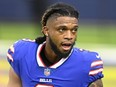 Buffalo Bills Damar Hamlin with his helmet off before playing the Los Angeles Rams during an NFL football game, Sept. 8, 2021, in Inglewood, Calif.