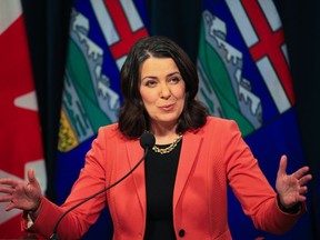 Alberta Premier Danielle Smith speaks with media at McDougall Centre in Calgary on Tuesday, January 10, 2023.