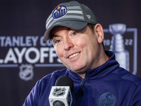 Edmonton Oilers head coach Jay Woodcroft speaks at a media availability in Edmonton on May 23, 2022.
