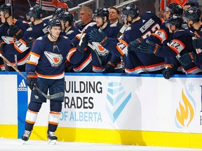 The Edmonton Oilers celebrate a goal by forward Zach Hyman (18) in the second half against the Columbus Blue Jackets at Rogers Place on January 25, 2023.