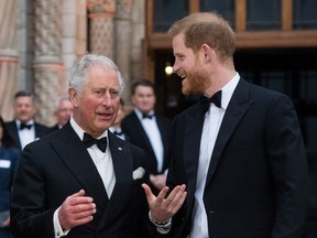 King Charles and Prince Harry attend Netflix's "Our Planet" premiere in London, April 4, 2019.