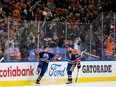 The Edmonton Oilers' Zach Hyman (18) celebrates a goal with Ryan Nugent-Hopkins (93) during second period NHL action against the New York Islanders, at Rogers Place in Edmonton Thursday Jan. 5, 2023. Photo By David Bloom