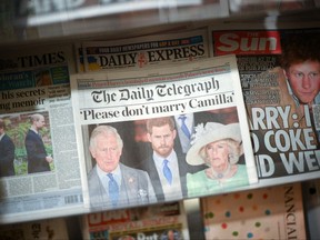 British daily newspaper, leading with stories about the publication of the book "Spare" by Prince Harry, Duke of Sussex, are pictured displayed for sale in London on Jan. 6, 2023.