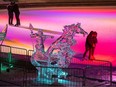 Skaters glide around Ice District Plaza in the warm glow of evening lights despite the chill outside on January 28, 2023. Photo by Shaughn Butts-Postmedia