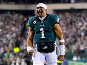 Jalen Hurts of the Philadelphia Eagles reacts prior to a game against the New York Giants in the NFC Divisional Playoff game at Lincoln Financial Field on Jan. 21, 2023 in Philadelphia, Pa.