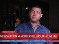 NewsNation reporter Evan Lambert was arrested while covering a news conference about the derailment of a train in Ohio on Wednesday, Feb. 8, 2023.