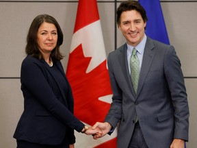 Alberta Premier Danielle Smith meets with Prime Minister Justin Trudeau to discuss health care in Ottawa on Tuesday, Feb. 7, 2023.