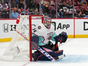 Pacific Division goaltender Stuart Skinner (74) of the Edmonton Oilers defends the net against the Central Division during the second period of a semifinal game during the 2023 NHL All-Star Game at FLA Live Arena on Feb. 4, 2023.