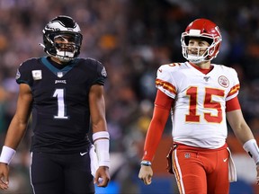 In this composite image a comparison has been made between quarterback Jalen Hurts of the Philadelphia Eagles (left) and quarterback Patrick Mahomes of the Kansas City Chiefs (right).