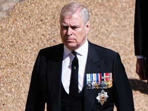 Prince Andrew, the Duke of York, is seen during the funeral of his father Prince Philip in 2021.