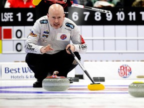 Skip Kevin Koe watches a shot during the men's curling provincial championship finals against Brendan Bottcher at the River Cree Resort and Casino on Sunday, Feb. 12, 2023.