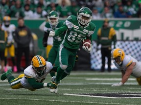 Saskatchewan Roughriders receiver Kyran Moore carries the ball against the Edmonton Elks at Mosaic Stadium in this file photo from Nov. 2, 2019.
