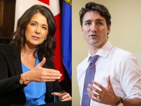 Composite image with Danielle Smith on the left, Justin Trudeau on the right