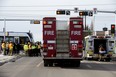 File photo of first responders involved in an LRT emergency simulation along the forthcoming Valley Line at 75 Street and 51 Avenue in February 2023. The City of Edmonton confirmed a collision in the same area on Monday involving a train and a semi truck.