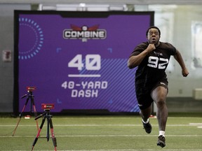 Kwadwo Boahen (92) takes part in the second day of the Canadian Football League national combine in Edmonton on Thursday, March 23, 2023.