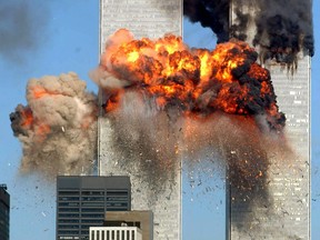 Hijacked United Airlines Flight 175 from Boston crashes into the south tower of the World Trade Center at 9:03 a.m. Sept. 11, 2001 in New York City.