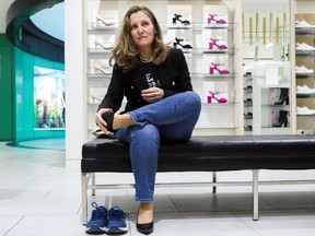 Federal Finance Minister Chrystia Freeland, following a decades-long tradition, tries on a pair of shoes bought a day before delivering the 2023 Budget, in Ottawa, March 27, 2023.