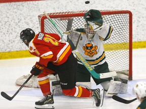 University of Calgary Dinos' Josh Maser battles University of Alberta Golden Bears goalie Ethan Kruger in the Canada West championships at Father David Bauer Arena in Calgary on March 3, 2023.