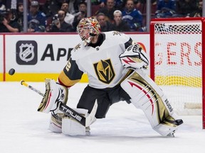 Vegas Golden Knights goaltender Jonathan Quick will likely get the start against the Oilers Saturday.  USA TODAY SPORTS
