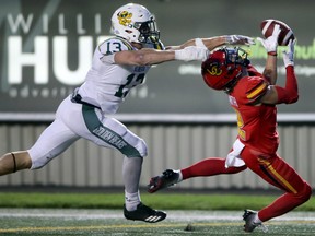 University of Alberta Golden Bears defensive back Jake Taylor plays the pass against the University of Calgary Dinos in the 2022 Canada West season. The Beaumont product is participating in the Canadian Football League Combine at Commonwealth Stadium this week.