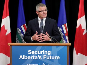 EMBARGOED UNTIL THE BUDGET IS PRESENTED IN THE LEGISLATURE!!! DO NOT USE BEFORE THE BUDGET IS PRESENTED

President of Treasury Board and Minister of Finance Travis Toews discusses the Alberta 2023 Budget during a press conference in Edmonton, Tuesday Feb. 28, 2023. Photo By David Bloom