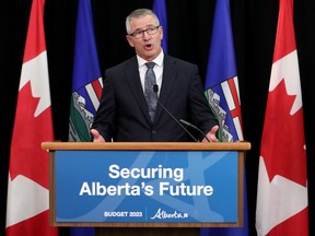 President of Treasury Board and Minister of Finance Travis Toews discusses the Alberta 2023 Budget during a press conference in Edmonton, Tuesday Feb. 28, 2023. Photo By David Bloom