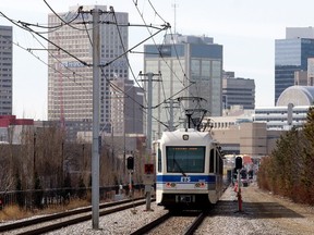 The Capital Line LRT heads south into Downtown Edmonton, on Wednesday, March 29, 2023.