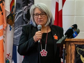 Governor General of Canada Mary Simon speaks during a visit to Bernard Constant Community School at James Smith Cree Nation, Sask., Sept. 28, 2022.
