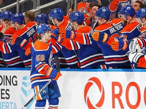The Edmonton Oilers celebrate a goal scored by forward Kailer Yamamoto (56) during the first period against the Toronto Maple Leafs at Rogers Place.