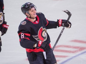 Ottawa Senators left wing Tim Stutzle (18) celebrates his goal in the third period against the Columbus Blue Jackets at the Canadian Tire Centre on March 4, 2023.