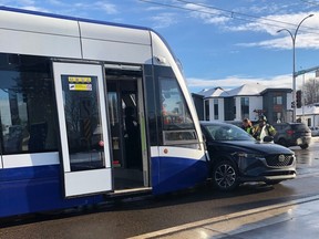 A LRT train on the unopened Valley Line struck a vehicle turning right across the tracks at the intersection of 83 Street and Whyte Avenue on Saturday, Jan. 21, 2023.